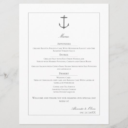 Menu Mariage d'Ancres nautiques simple | Blanc (Devant)