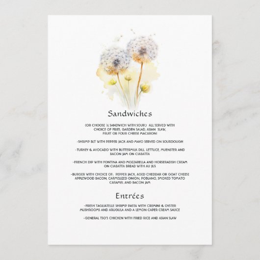Menu Mariage Dandelion aquarelle (Dos)