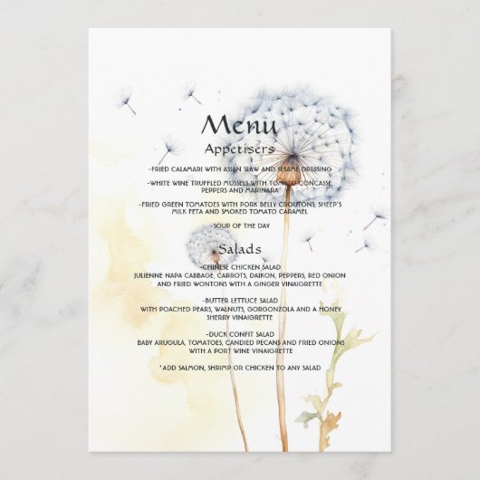 Menu Mariage Dandelion aquarelle (Devant)