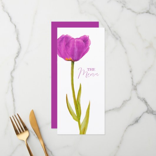 Menu Mariage d'aquarelle à tulipe violet simple (Devant/Arrière en situation)