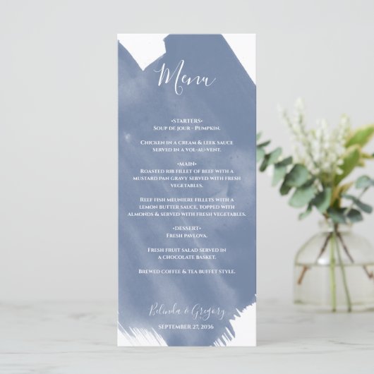 Menu Mariage d'aquarelle bleu foncé (Debout devant)
