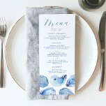 Menu Mariage d'aquarelle bleu huître<br><div class="desc">Dégustez vos invités avec notre menu mariage exquis avec trois plats d'entrée attrayants pour votre mariage sur la plage. Cette carte élégante ajoute une touche de charme côtier avec son design de coquille d'huîtres bleu aquarelle. Idéal pour les mariages des sites populaires de la côte Est comme Belle Mer à...</div>