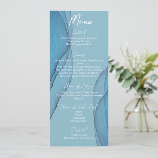 Menu Mariage d'aquarelle bleu océan (Debout devant)