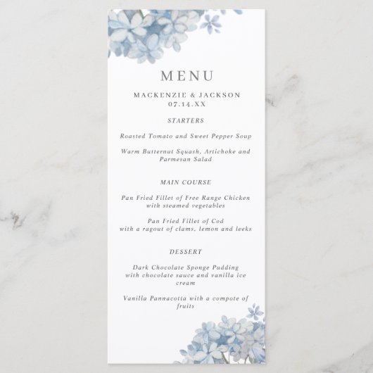 Menu Mariage d'aquarelle Blue Hydrangeas (Devant)