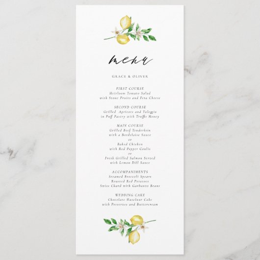 Menu Mariage d'aquarelle botanique de citron et verdure (Devant)