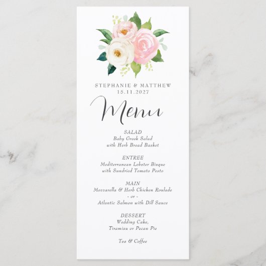 Menu Mariage d'aquarelle botanique de rose pâle (Devant)