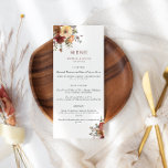 Menu Mariage d'aquarelle d'automne Bourgogne et orange<br><div class="desc">Elégant menu de mariage avec deux arrangements de fleurs d'aquarelle en bordeaux,  orange et ivoire. Personnalisez avec vos noms et date et menu mariage.</div>