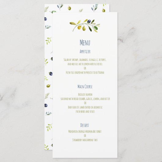 Menu mariage d'aquarelle de branche d'olive (Devant / Derrière)