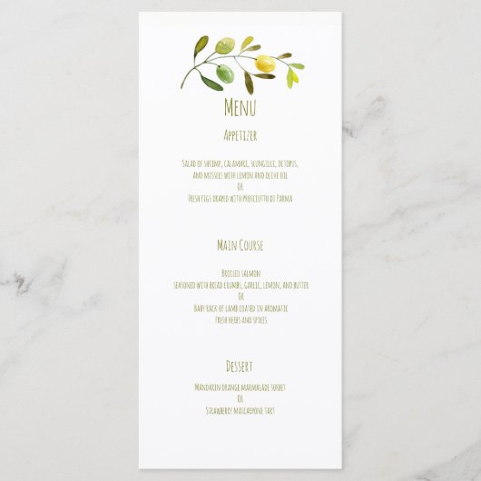 Menu mariage d'aquarelle de branche d'olive (Devant)