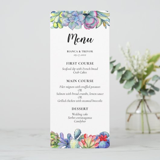 Menu Mariage d'aquarelle de cactus succulent (Debout devant)