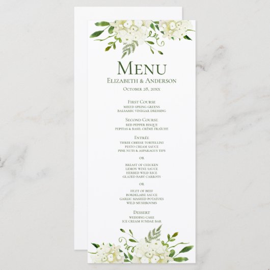Menu Mariage d'aquarelle de fleurs d'Hydrangée blanche (Devant / Derrière)