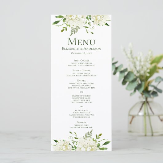 Menu Mariage d'aquarelle de fleurs d'Hydrangée blanche (Debout devant)