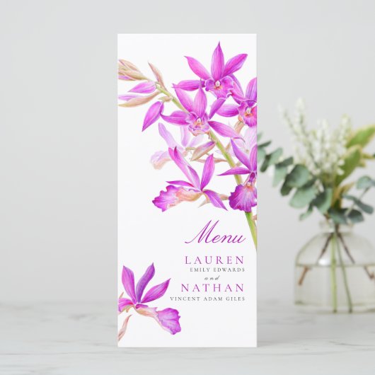 Menu Mariage d'aquarelle de fleurs d'orchidées violette (Debout devant)