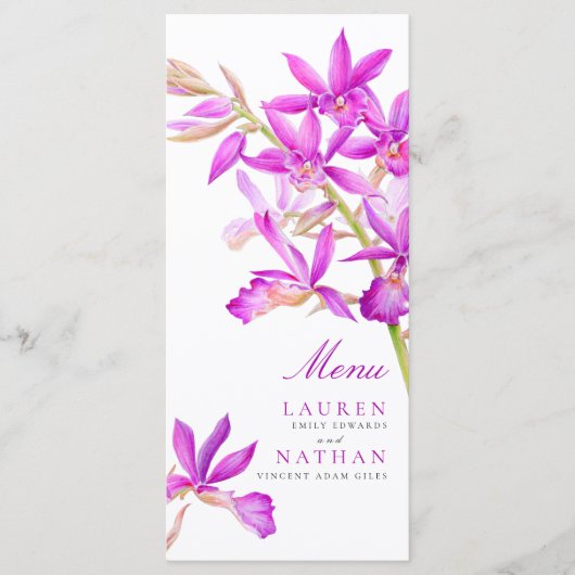 Menu Mariage d'aquarelle de fleurs d'orchidées violette (Devant)