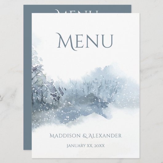 Menu Mariage d'aquarelle douce bleu et blanc (Devant / Derrière)