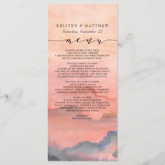 Menu Mariage d'aquarelle du coucher de soleil rustique  (Devant)