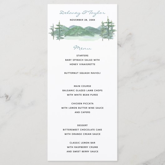 Menu Mariage d'aquarelle du lac Mountain (Devant)