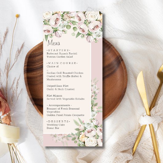 Menu Mariage d'aquarelle fleurie rose duveteuse