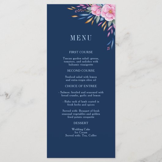 Menu Mariage d'aquarelle florale bleu marine (Devant)