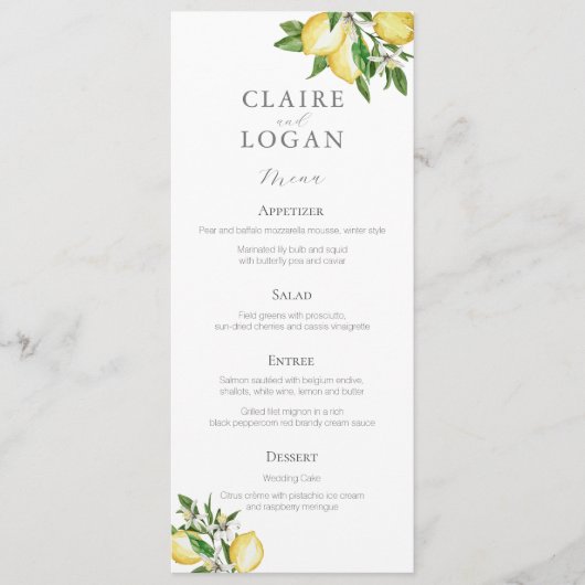 Menu Mariage d'aquarelle florale Citrus Lemon (Devant)