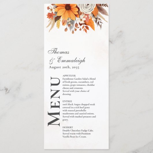 Menu Mariage d'aquarelle florale d'automne du coucher d (Devant)