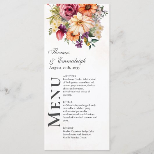 Menu Mariage d'aquarelle florale dynamique (Devant)