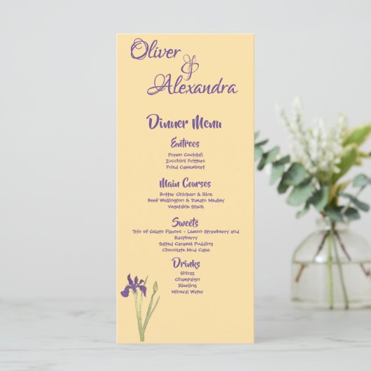 Menu Mariage d'aquarelle jaune violet Iris & Beurre (Debout devant)
