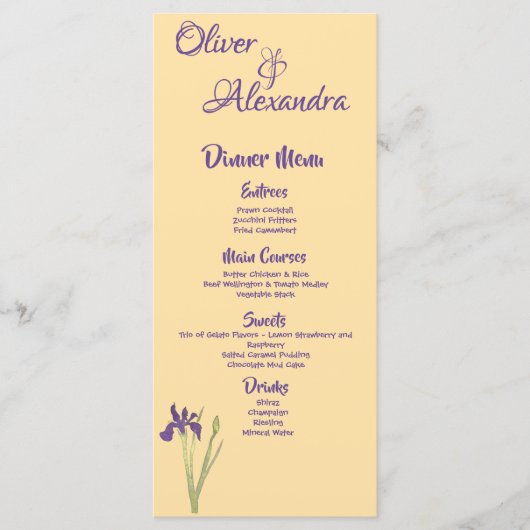 Menu Mariage d'aquarelle jaune violet Iris & Beurre (Devant)