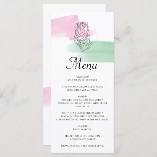 Menu Mariage d'aquarelle King Protea (Devant / Derrière)