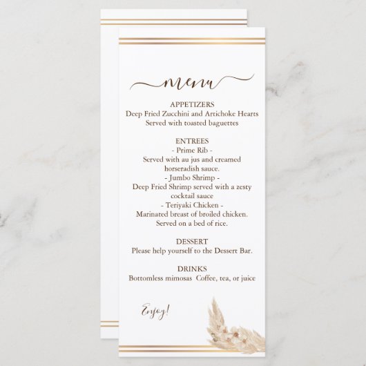 Menu Mariage d'aquarelle Pampa Grass (Devant / Derrière)