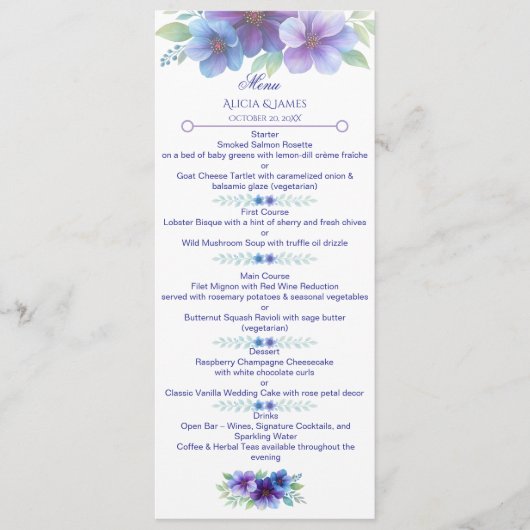 Menu Mariage d'aquarelle romantique bleu violet (Devant)