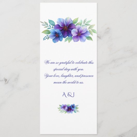 Menu Mariage d'aquarelle romantique bleu violet (Dos)
