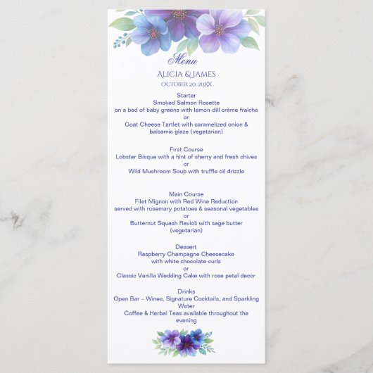Menu Mariage d'aquarelle romantique bleu violet (Devant)