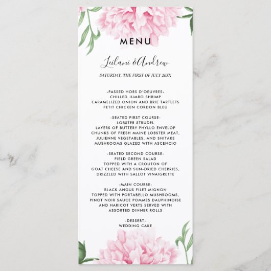 Menu Mariage d'aquarelle rose Peony (Devant)