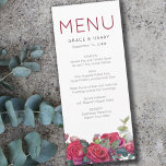 Menu Mariage d'aquarelle Rose rouge<br><div class="desc">Menu Mariage Rose rouge avec typographie moderne simple et design floral romantique. Le modèle est configuré pour vous permettre de personnaliser avec votre menu ou vos options de repas. Beau riche thème botanique avec bordure d'aquarelle de roses rouges, feuilles d'eucalyptus et verdure. Si vous voulez ce design pour les produits...</div>