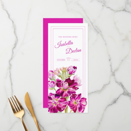 Menu Mariage d'aquarelle rose stock fleurs (Devant/Arrière en situation)