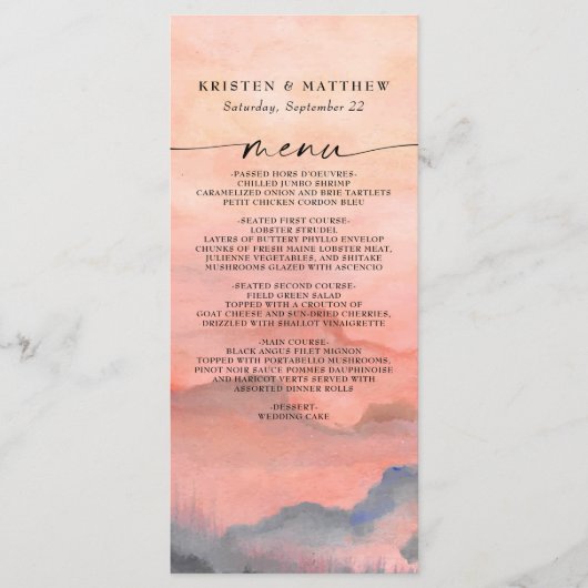 Menu Mariage d'aquarelle Sunset Mountain Rustic (Devant)