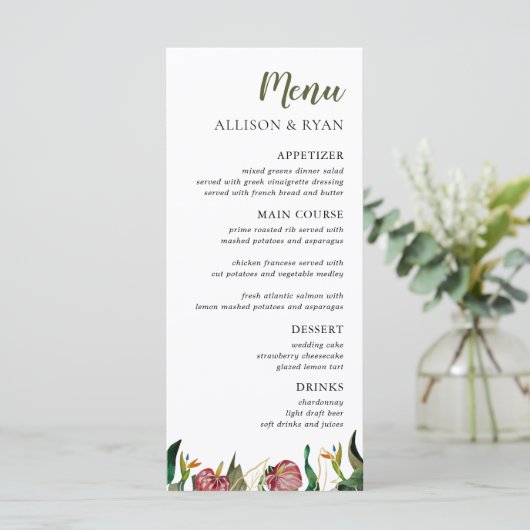 Menu Mariage d'aquarelle vert tropical (Debout devant)