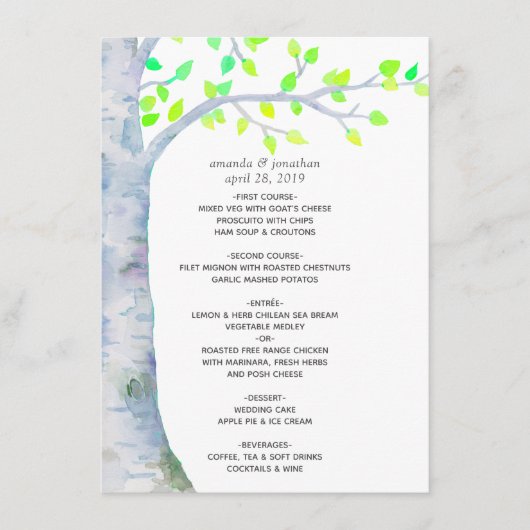 Menu Mariage d'arbre de bouleau de printemps aquarelle (Devant)