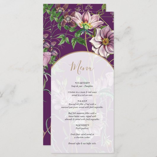 Menu Mariage d'arc doré fleuri violet (Devant / Derrière)