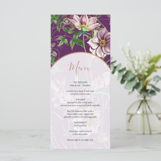 Menu Mariage d'arc doré fleuri violet (Debout devant)