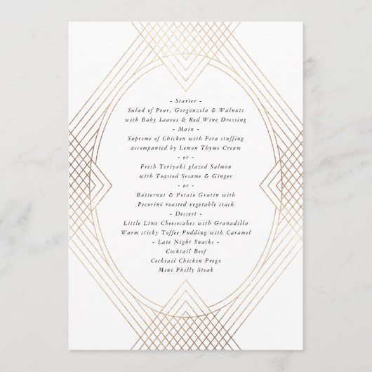Menu Mariage d'Art Déco Géométrique Ovale Blanc Or (Devant)