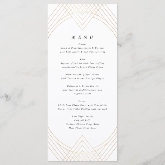 Menu Mariage d'Art Déco Géométrique Ovale Blanc Or (Devant)