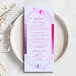 Menu Mariage d'astronomie de Lavande rose de Lavande<br><div class="desc">Mystical Lavender Pink Sun Moon Stars Astronomy Galaxy Céleste Cosmic Wedding Cards présente un soleil, une lune et des étoiles avec un cadre rose et violet sur un arrière - plan pastel lavender avec vos détails de menu au centre dans le script moderne de calligraphie rose. Personnalisez en modifiant le...</div>