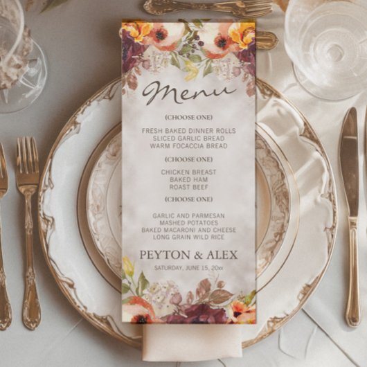 Menu Mariage d'automne floral bordeaux orange 