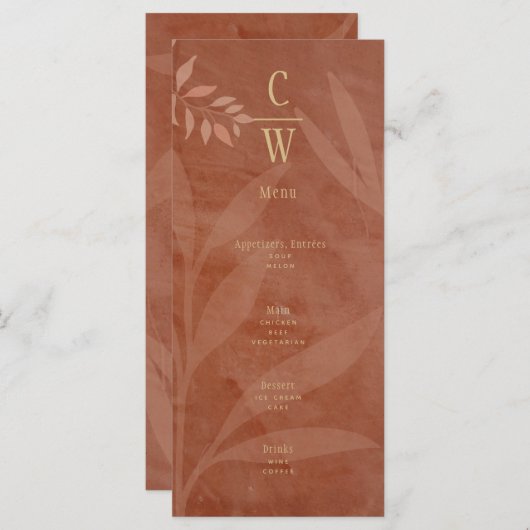 Menu Mariage d'automne moderne Terracotta Feuilles d'or (Devant / Derrière)