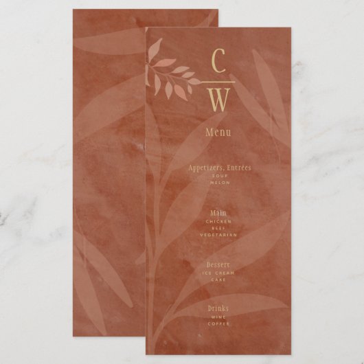 Menu Mariage d'automne moderne Terracotta Feuilles doré (Devant / Derrière)