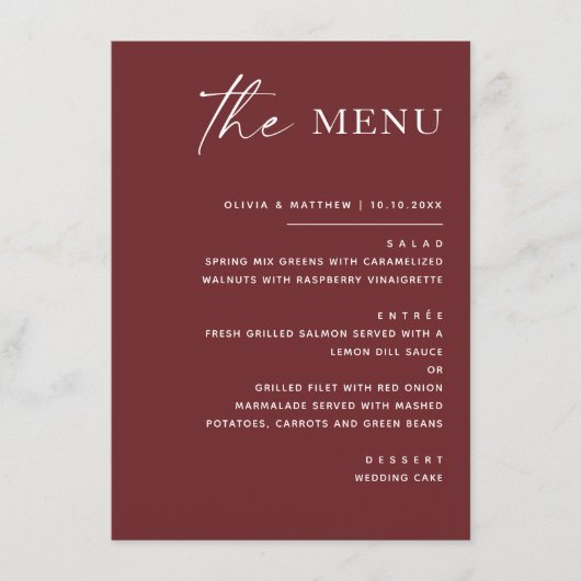 Menu Mariage d'automne Rouge Vin Profond | Élégant Mode (Devant)