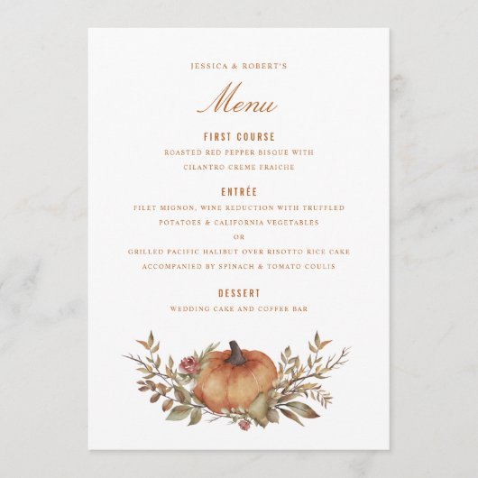 Menu Mariage de automne Citrouille rouille rouille Rose (Devant)