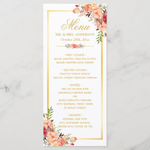 Menu mariage de automne Coral Rustique Floral Gold